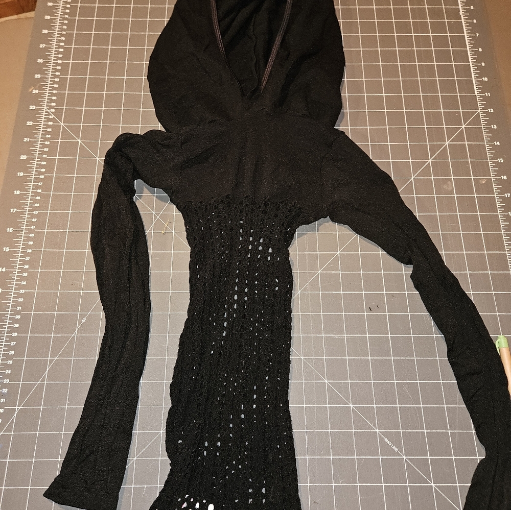 Ladies mesh and fishnet lace lol veeeery stretchy hooded mini dress, one size